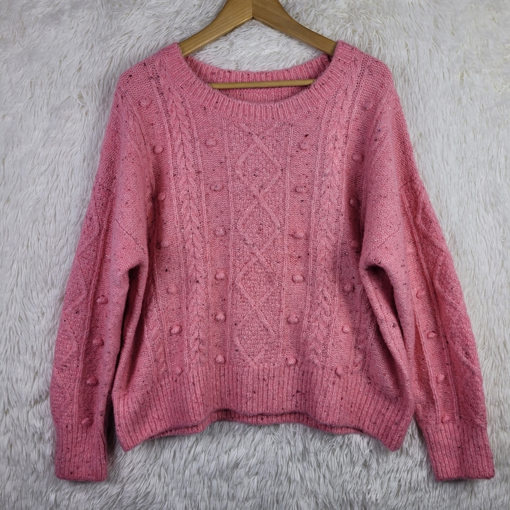 Gap Women L Bright Pink Cable Knit Bobble Wool Blend Sweater Coquette Cozy